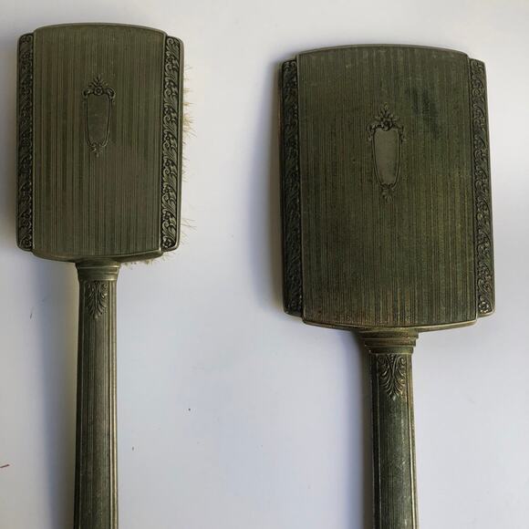 Mid Century Patina Silver Tone Vanity Set Hand Mirror Hair Brush Vintage Set - Picture 4 of 10